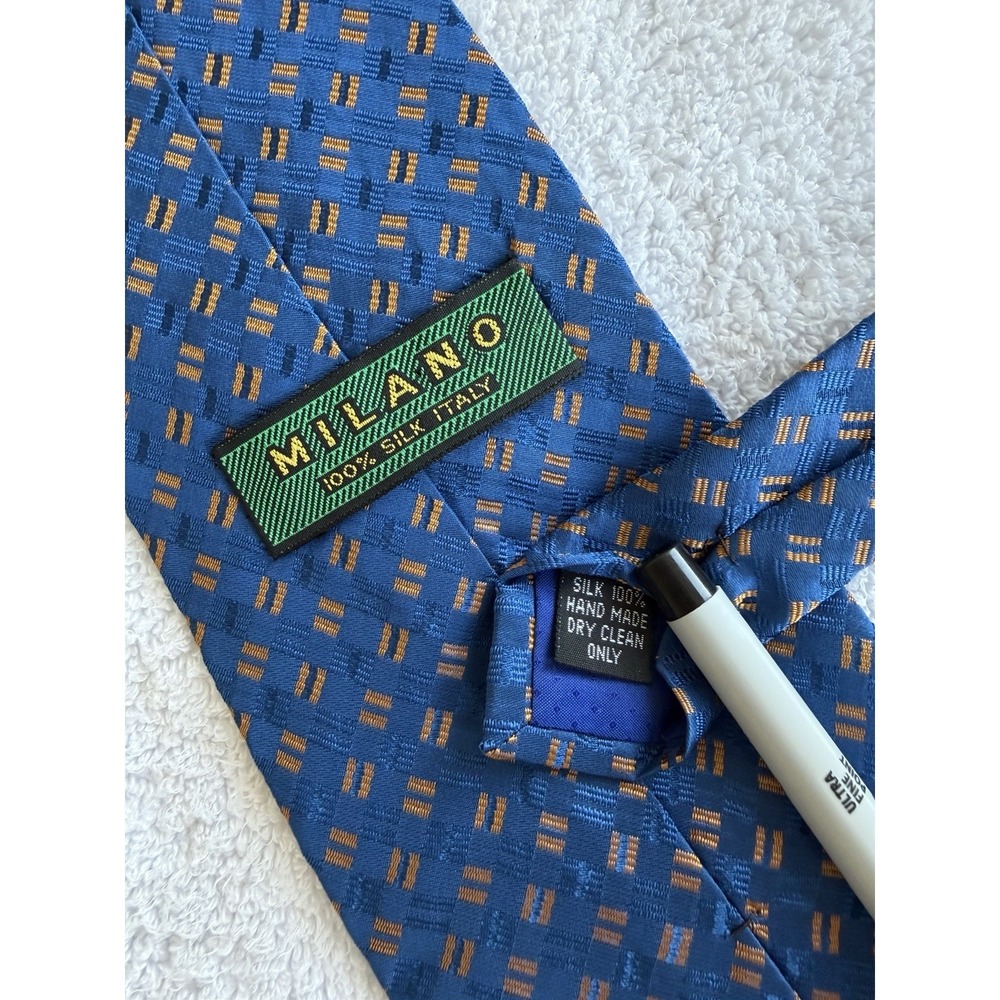Milano	Blue Gold Square Geometric Woven Motif Jacquard 100% Silk Tie Necktie
